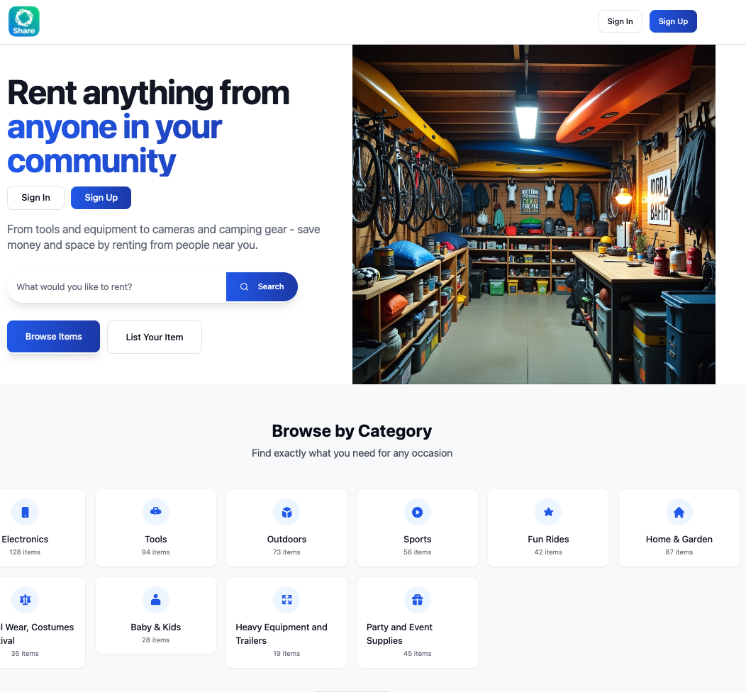 Share App community rental marketplace showing categories and item listings