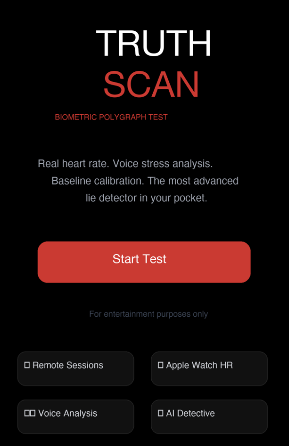 Truth Scan biometric polygraph app showing the start test screen